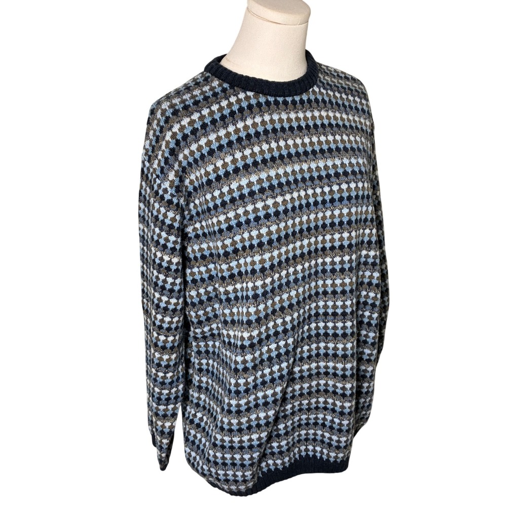 Geometric Knit Cotton Crewneck Sweater Alan Flusser Blue Brown Mens M